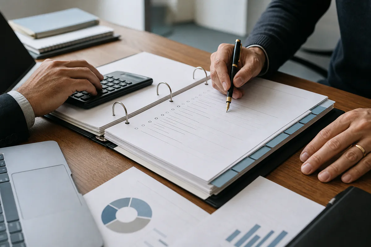 Dossier de travail ouvert, annotations et calculatrice sur un bureau