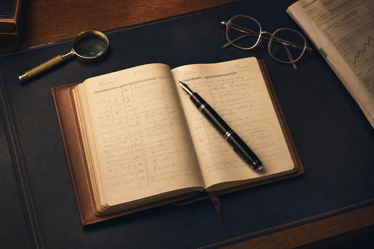 Grand livre relié cuir et stylo — accompagnement Bloom 360
